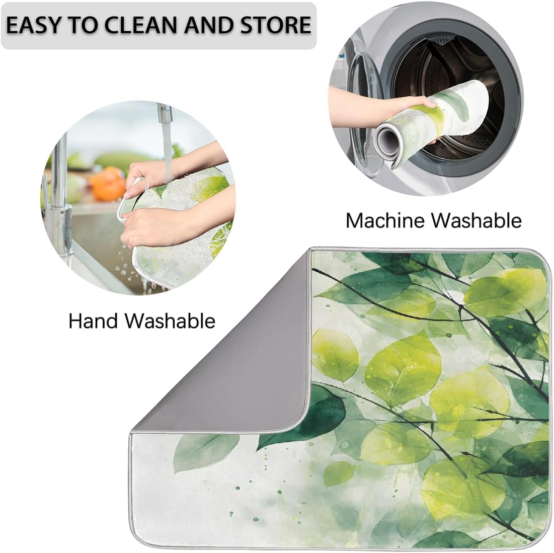 Dish Drying Mat Watercolor Green Leaves Art Large Drying Mat for Kitchen Counter 18x24in Absorbent Dish Drainer Rack Pad, Heat Resistant Coffee Bar Mats Countertop Protector