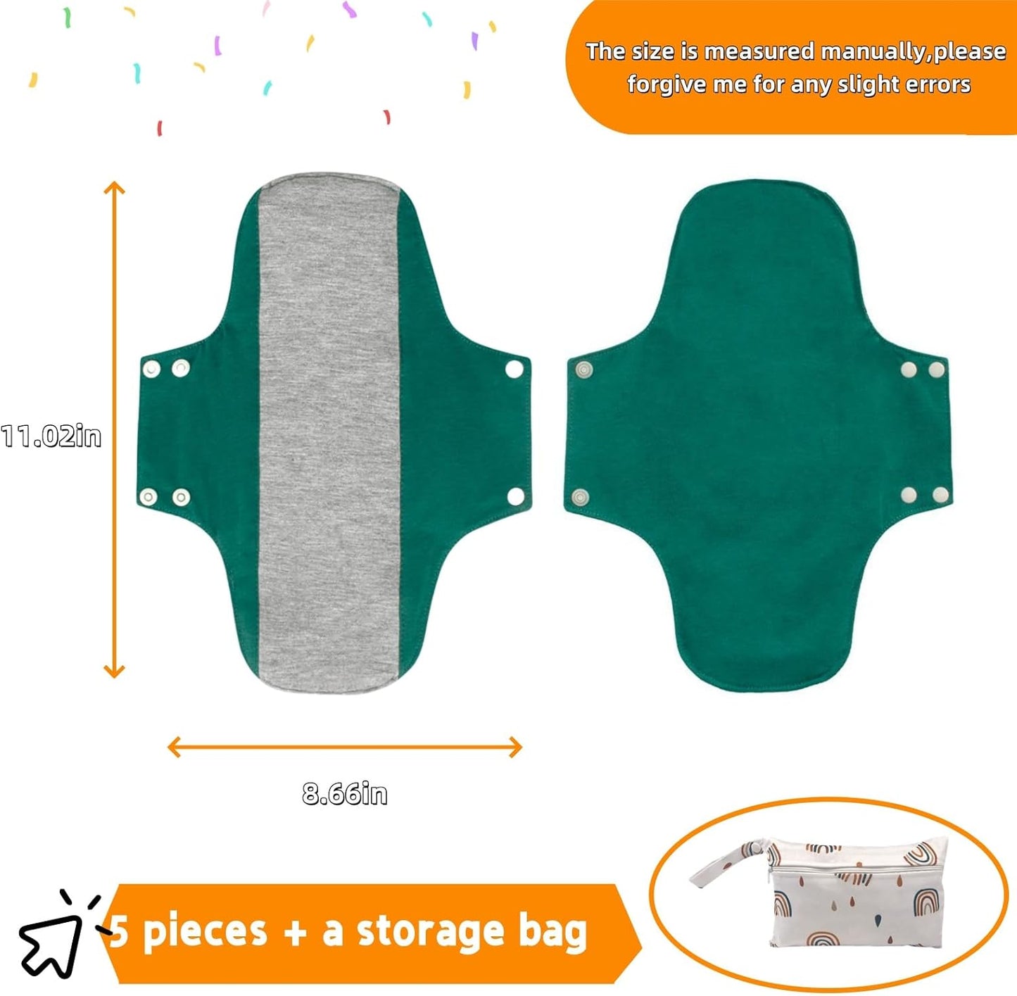 Reusable Washable Cloth Menstrual Pads,Heavy Duty Incontinence Pads,6pcs/Set,5pcs+1 Storage Bag,Suitable for Heavy Menstrual Flow,Incontinence