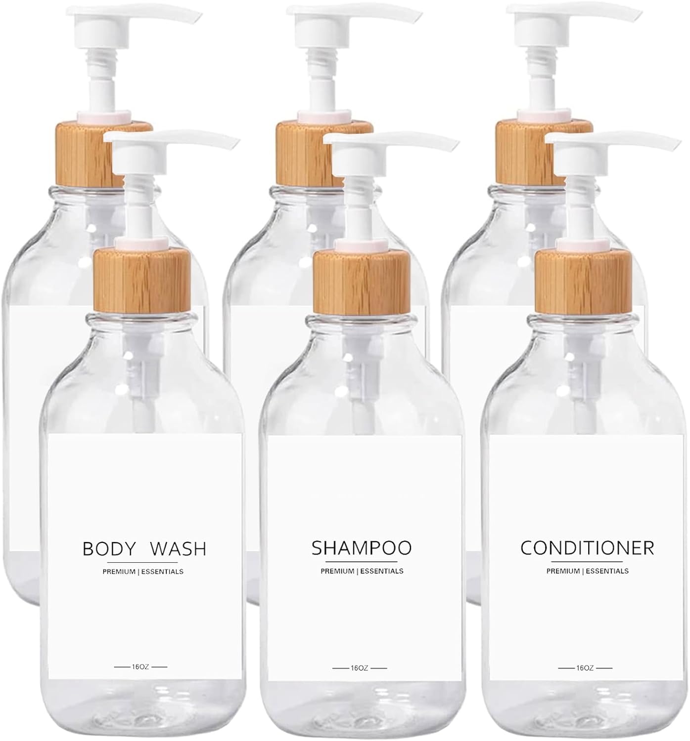 Shower Shampoo and Conditioner Bottles, Apothecary Dispenser Bamboo Pump, Refillable Bottles for Lotion Oil Hand Soap and Dish Soap, Plastic Set (3 Bottles 9 Labels) (6, Clear)