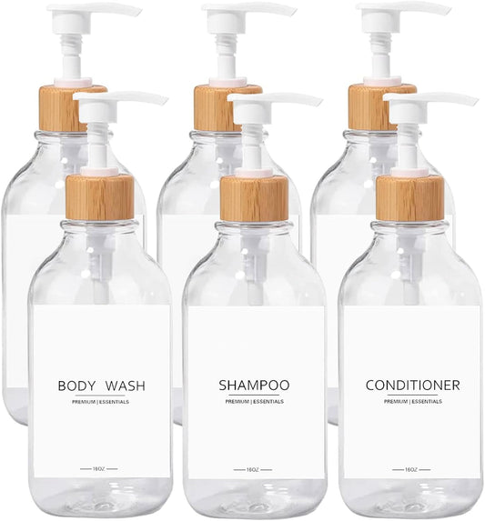 Shower Shampoo and Conditioner Bottles, Apothecary Dispenser Bamboo Pump, Refillable Bottles for Lotion Oil Hand Soap and Dish Soap, Plastic Set (3 Bottles 9 Labels) (6, Clear)