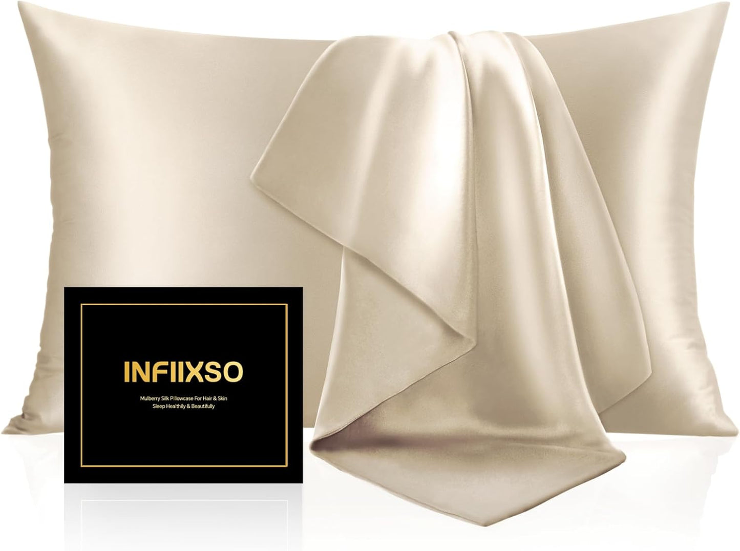 INFIIXSO Mulberry Silk Pillowcase for Hair and Skin, Silk Pillow Cases King Size with Hidden Zipper 20x40 Inches, Extraordinary Smooth and Soft Cooling Pillow Cases for Hot Sleepers(Beige, 1 Pack)