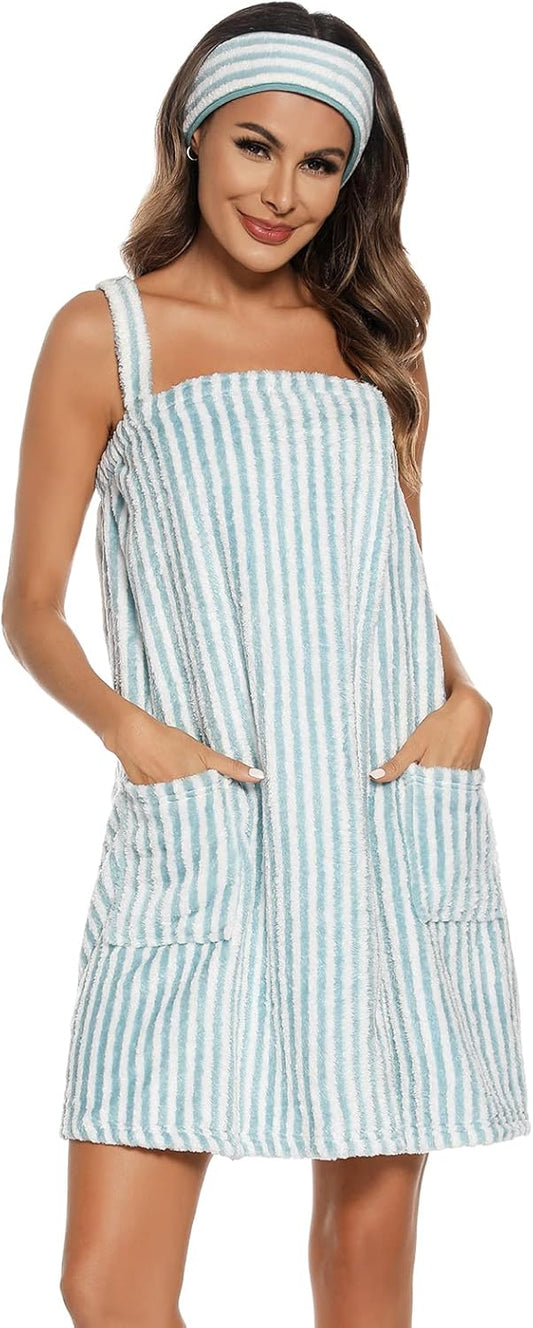 Veseacky Women Bath Wrap Towel for Womens Shower with Pocket Adjustable Spa Robe & Facial Headband