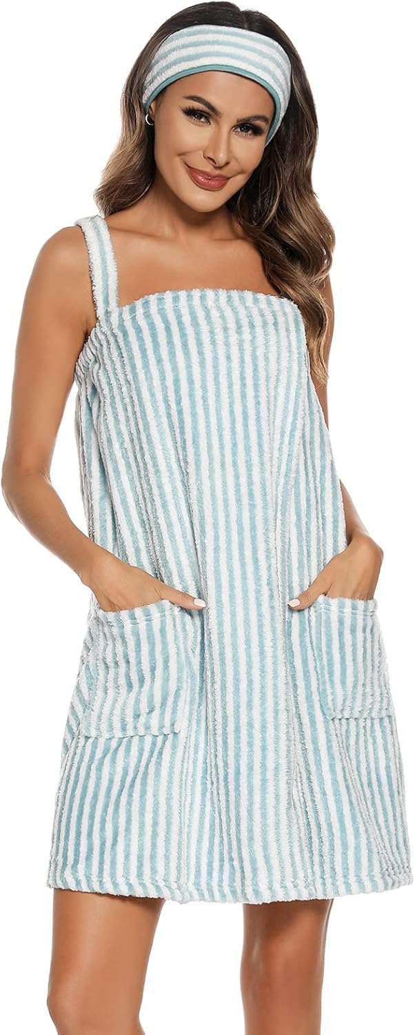 Veseacky Women Bath Wrap Towel for Womens Shower with Pocket Adjustable Spa Robe & Facial Headband