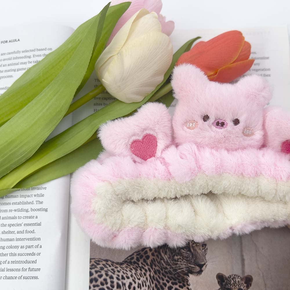 Kawaii Spa Headband - Cute Bear Design for Women's Skin Care, Makeup and Wash - Soft Microfiber Coral Fleece Towel for Girls Hair (Pink, Bear)