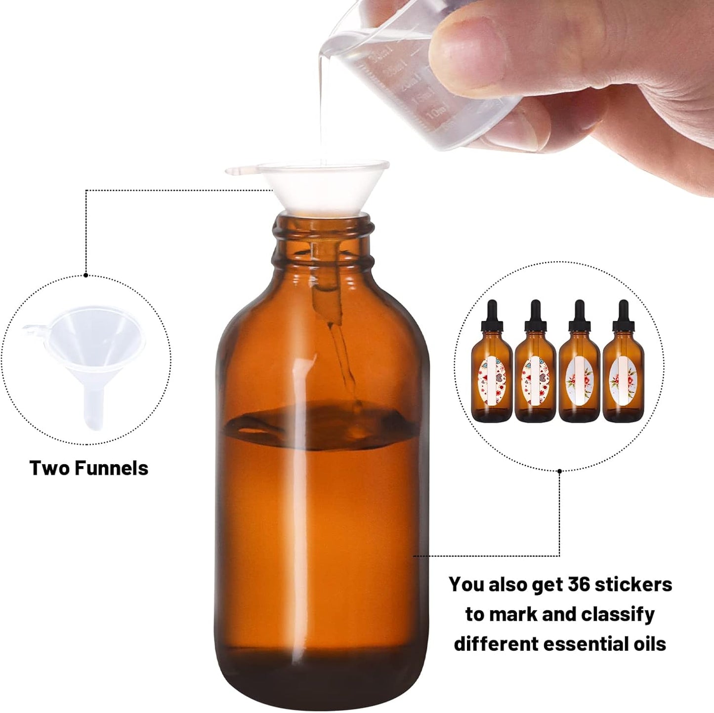 24 Pack 4oz Amber Glass Bottles with Glass Eye Droppers for Essential Oils, Perfumes & Lab Chemicals (Brushes, Funnels, Extra Droppers, Labels & Measuring Cup Included)