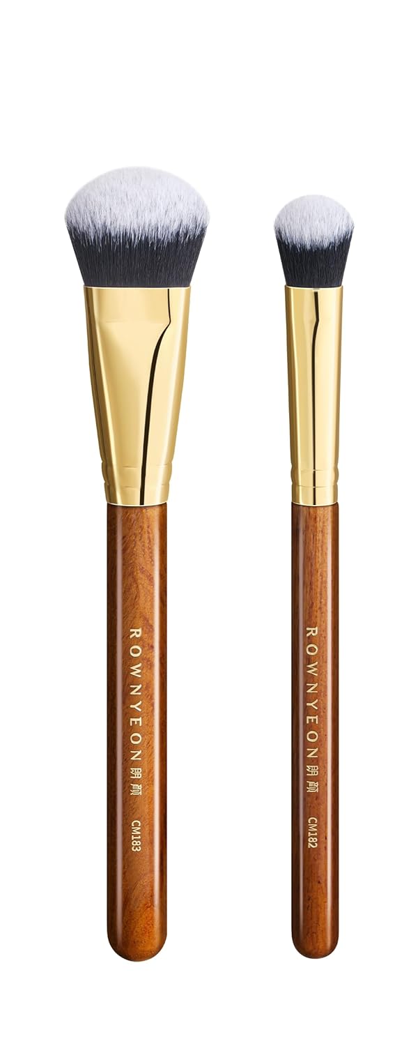 Desert Oak Series Cream Cheek Duo Brush Set - CM 182 Precision Highlighter & CM 183 Angled Blush Brush for Cream/Liquid Products, Bubinga Handle & Brass Ferrule