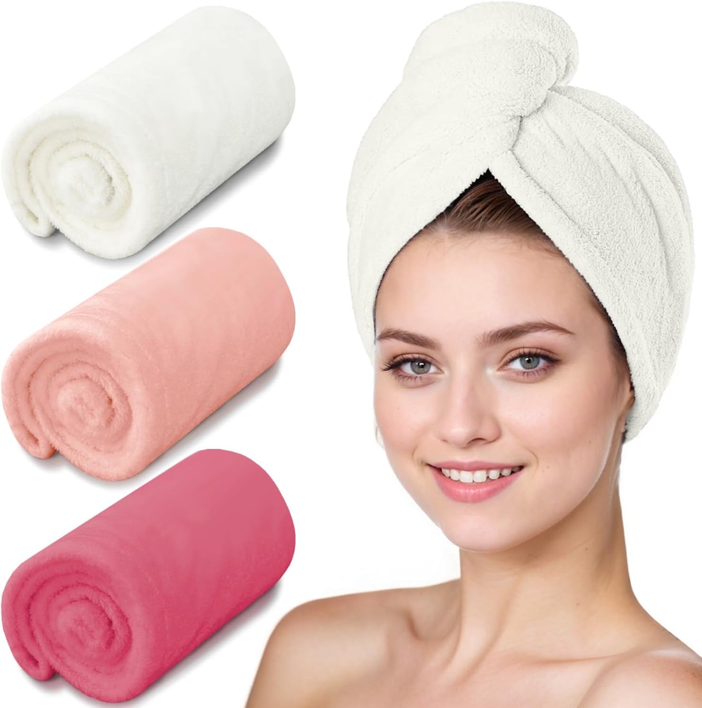 Microfiber Hair Towel Turban 3 Pack | Super Absorbent Quick Drying Hair Wrap for Women with Curly Hair | Anti Frizz Hair Towel Cap for Wet Hair(Red,Pink,White)