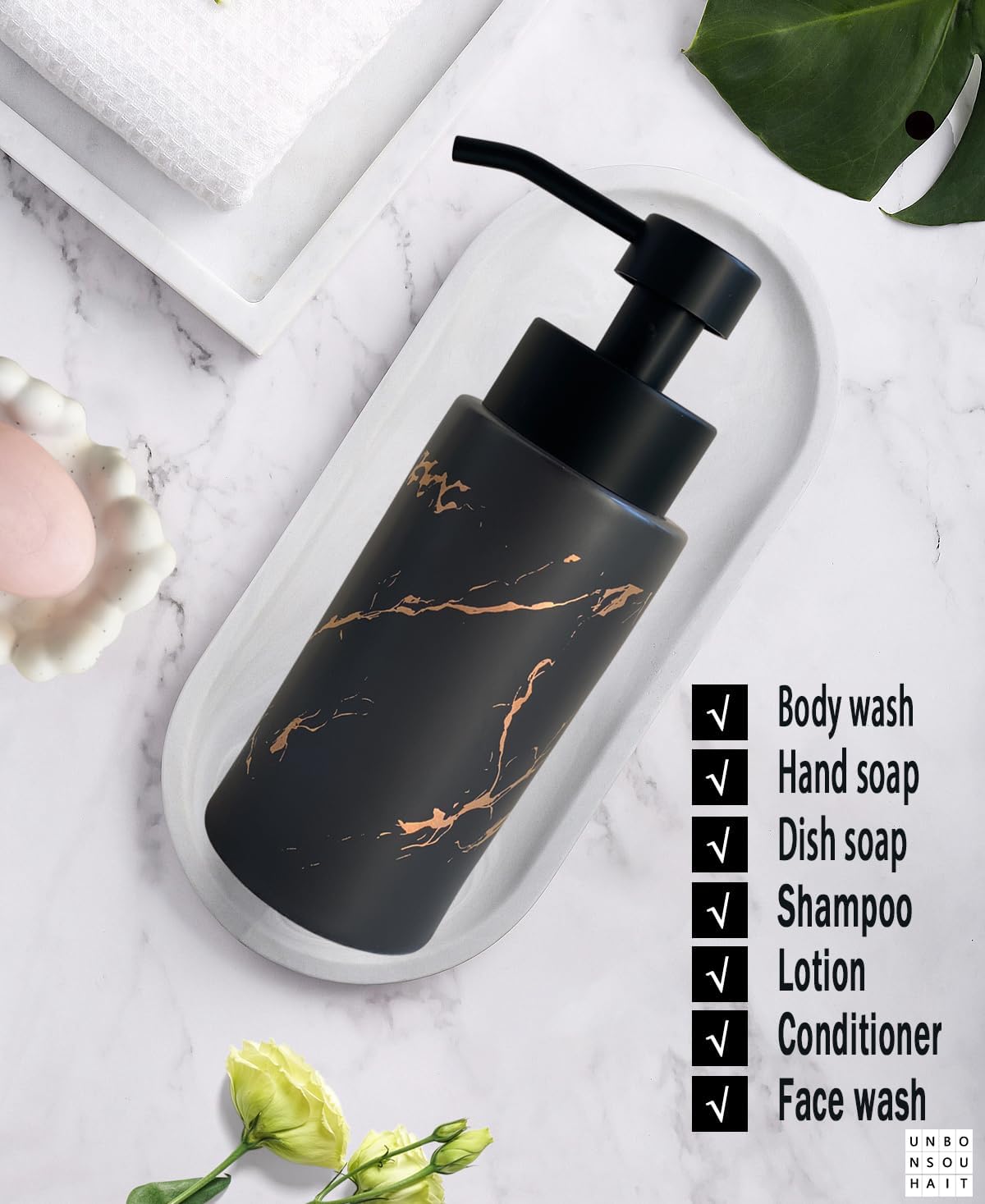 9.5 Oz Foaming Soap Dispenser for Bathroom,Kitchen Foam Soap Dispenser,Refillable Modern Foam Pump Bottle,Black Ceramic Foaming Hand Pump Dispenser (Black Marble)