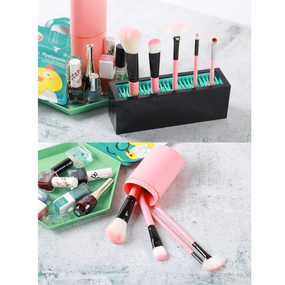 Makeup Brushes Holder Organizer, Silicone Vanity Air Drying Rack Display Storage for Brush, Eyeliners and More, Practical Cosmetic Tools Container (Blue-Black)