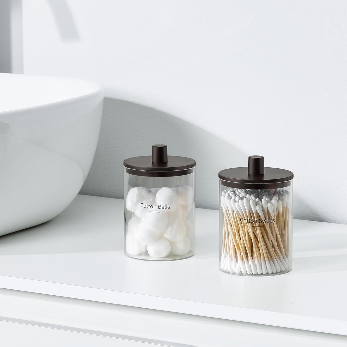 TIPGO Glass Qtip Holder Dispenser for Bathroom - 10 oz Clear Canister Apothecary Jar for Cotton Swabs, Balls, Pads, Floss Picks, Small Containers for Makeup Storage Organizer (2 Pack, Brown)