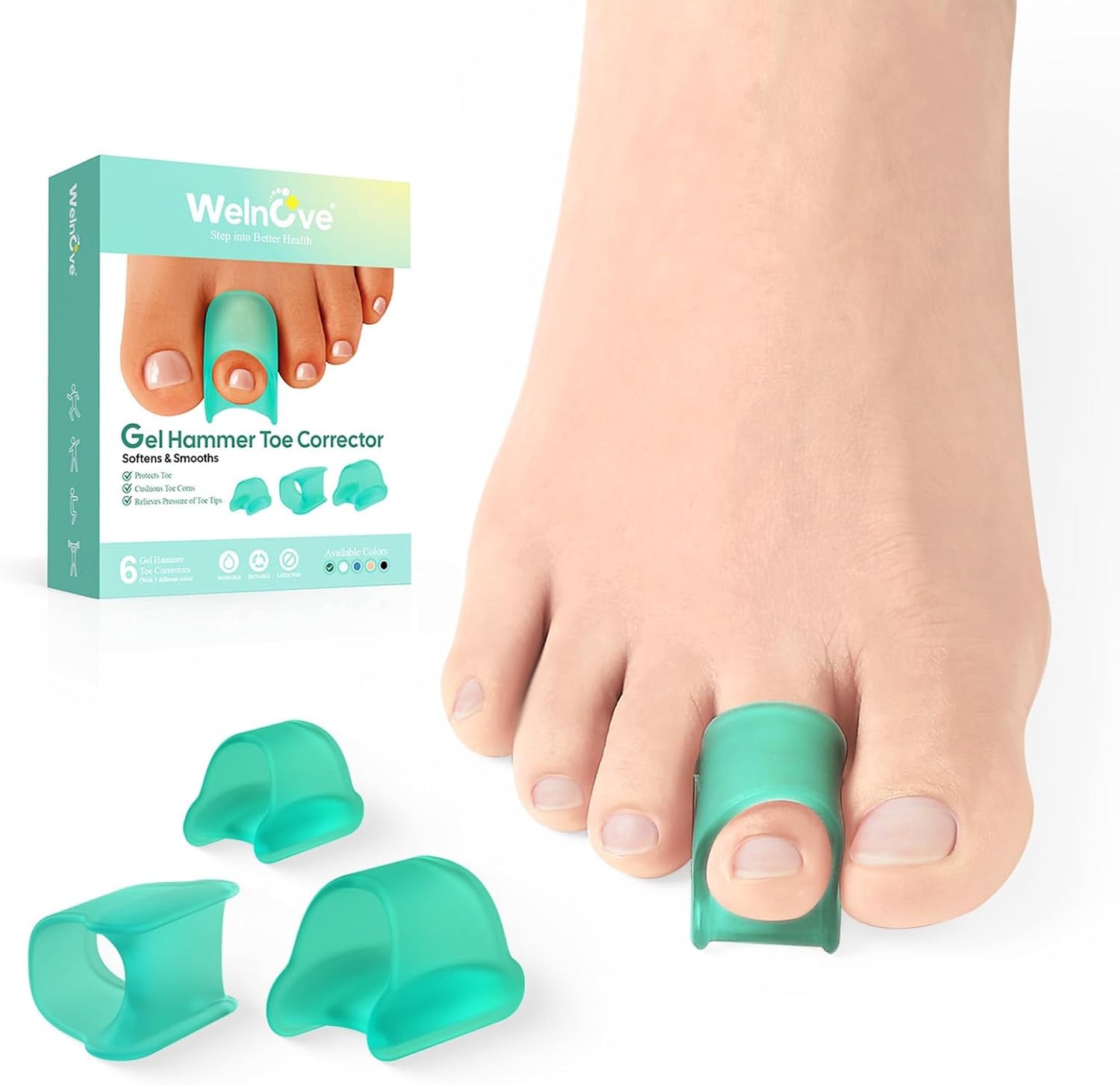Welnove Hammertoe Corrector - 6 Pack Toe Splints - Soft Gel Toe Straighteners - Realign Bent, Curled, Crooked, Claw, Hammer Toes, 3 Different Sizes (Green)