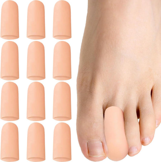 12 Pack Gel Toe Caps and Protectors, Silicone Toe Protectors for Missing or Ingrown Toenails Toe Caps and Sleeves for Shoes Protect Toe from Rubbing and Friction (Medium, Beige)