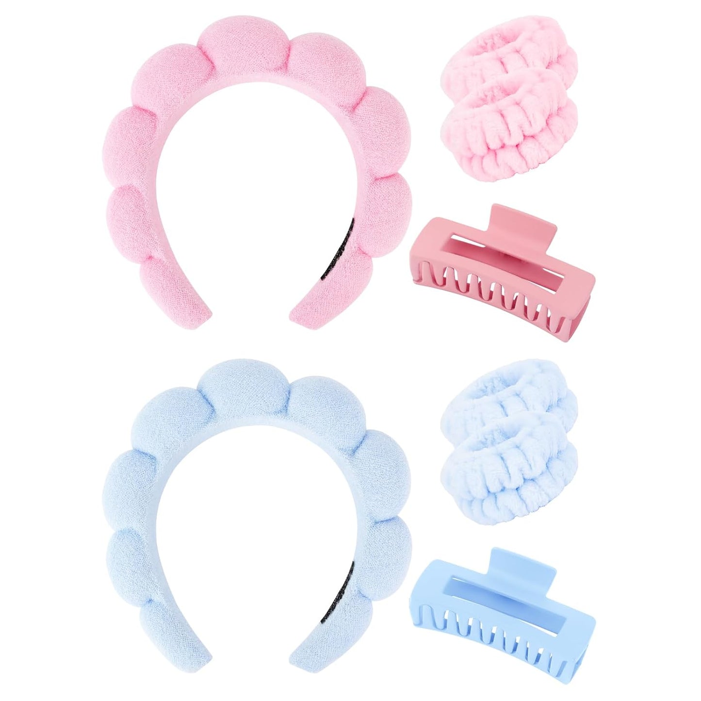 Wecoe Pink Blue Spa Headband And Wristband Set Skincare Headband For Washing Face Hair Claw Clips For Thick Hair Cute Puffy Sponge Bubble Makeup Hairband Wrist Towels Scrunchies For Women Girls
