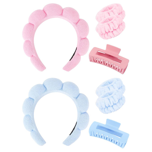 Wecoe Pink Blue Spa Headband And Wristband Set Skincare Headband For Washing Face Hair Claw Clips For Thick Hair Cute Puffy Sponge Bubble Makeup Hairband Wrist Towels Scrunchies For Women Girls