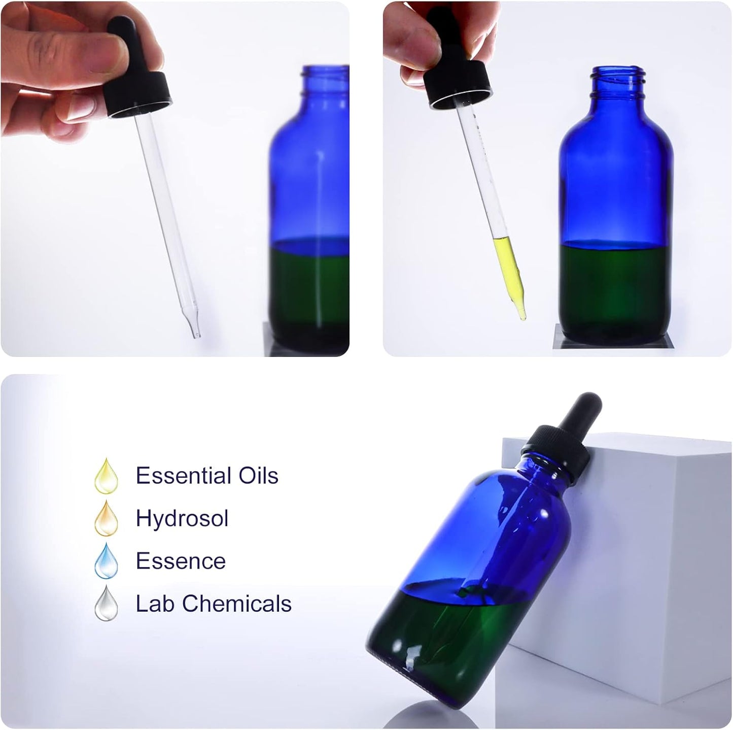 24 Pack 4oz Cobalt Blue Glass Bottles with Glass Eye Droppers for Essential Oils, Perfumes & Lab Chemicals (2 Brushes, 2 Funnels, 2 Extra Droppers, 36 Pieces Labels & Measuring Cup Included)
