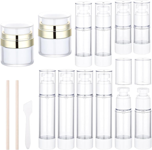 Segbeauty 12pcs Empty Airless Pump Bottles Travel Set, Golden Airless Pump Jar for Face Cream Moisturizer, Refillable Vacuum Lotion Dispenser, Vacuum Fine Mist Atomizer Hair Sprayer 0.5oz 1oz 1.7oz