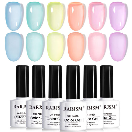 RARJSM Pastel Stained Glass Gel Nail Polish Set 6pcs Clear Orange Yellow Blue Pink Purple Crytal Transparent Jelly Series Sheer Amber Gel Varnish LED UV Curing Requires Spring Easter French Manicure