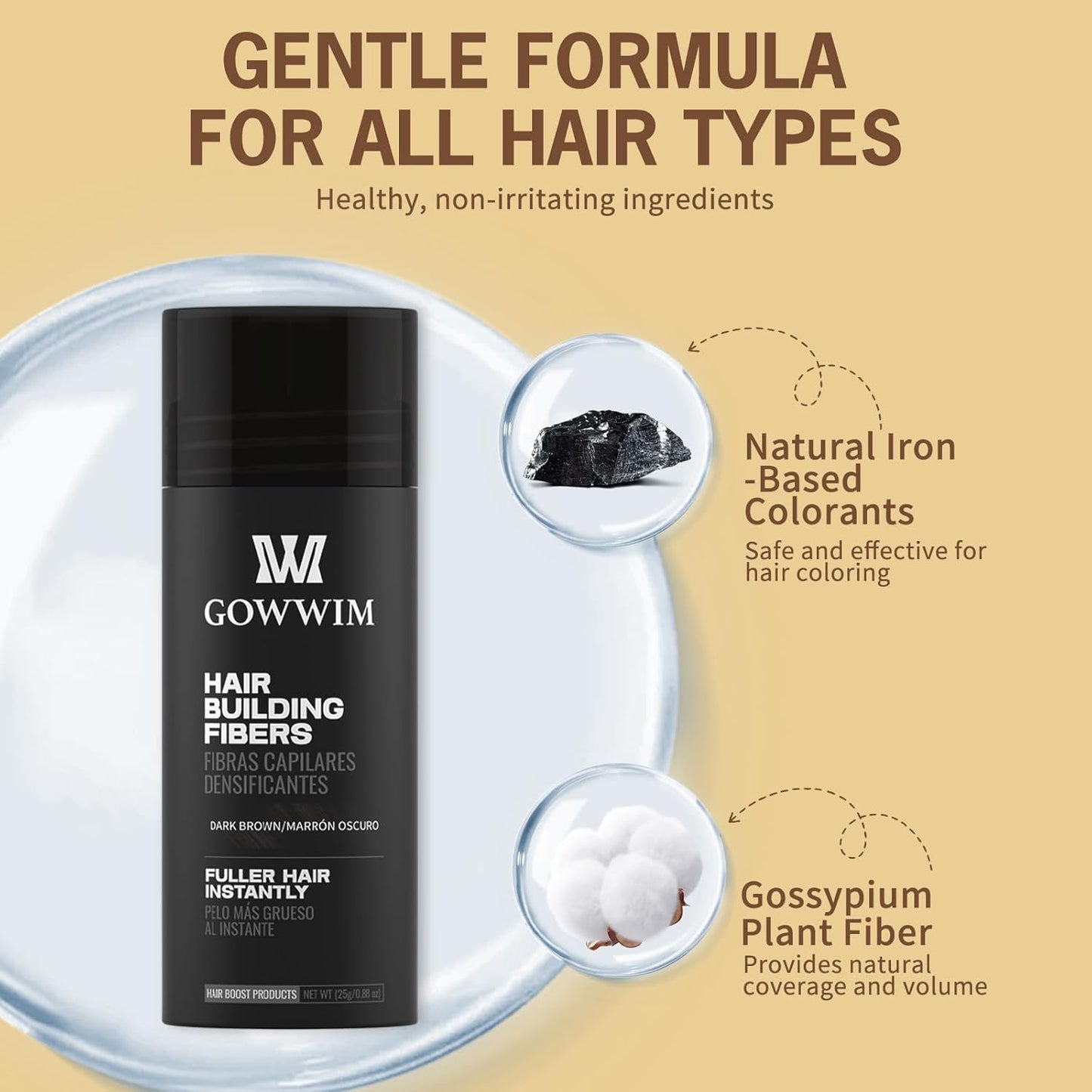 gowwim Hair Fibers for Thinning Hair 25g Hair Building Fibers 100% Undetectable,Instantly Cover Sparse Hair Areas-Bald Spots Cover Up. (Mid Brown)