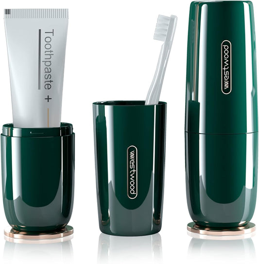 Luxury Green Plastic Travel Toothbrush Holder Case with Cover, Portable Travel Toothbrush Cup, Storage Container for School Camping Business Trip Bathroom