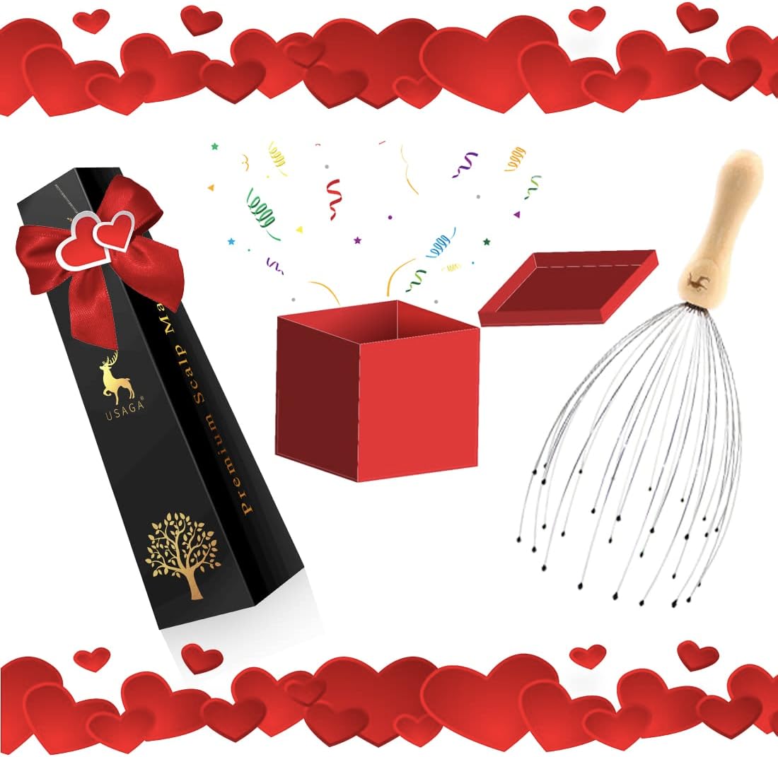 USAGA 28 Finger Head Scratcher, Head Massager, Scalp Massager, Stocking Stuffers Gift for Scalp Body Relaxing Wood Handle (1 Pack)