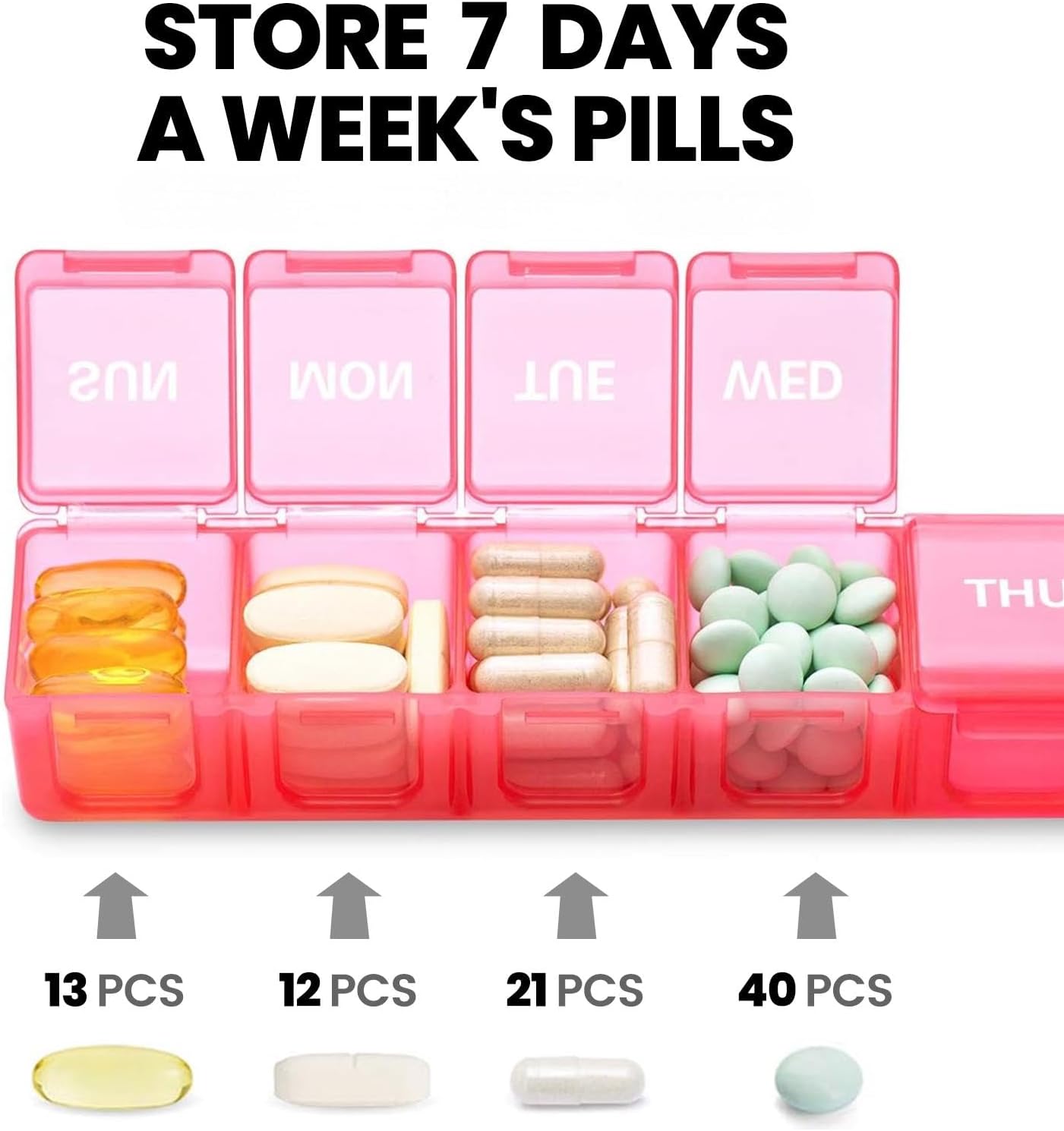 Sukuos Extra Large Weekly Pill Organizer 2 Pcs, Daily Pill Box 7 Day Medicine Cases for Vitamin, Fish Oils or Supplements, Easy to Clean (Black&Pink)