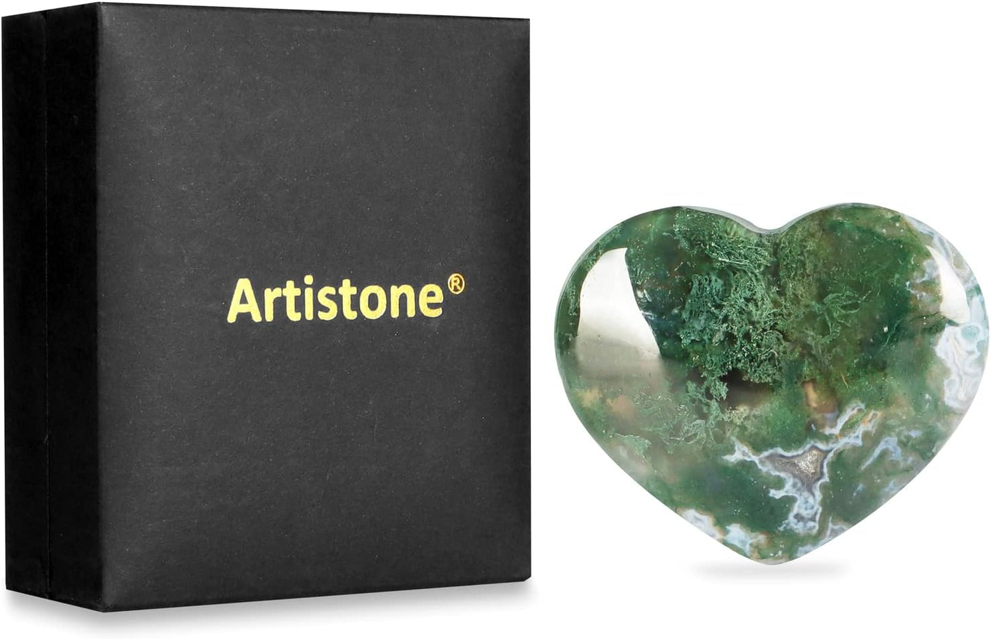 Artistone Crystals Heart 2Inch Moss Agate Heart Stones Healing Crystal Carved Palm Worry Stone Gemstone Chakra Reiki Balancing Meditation Massag Gift