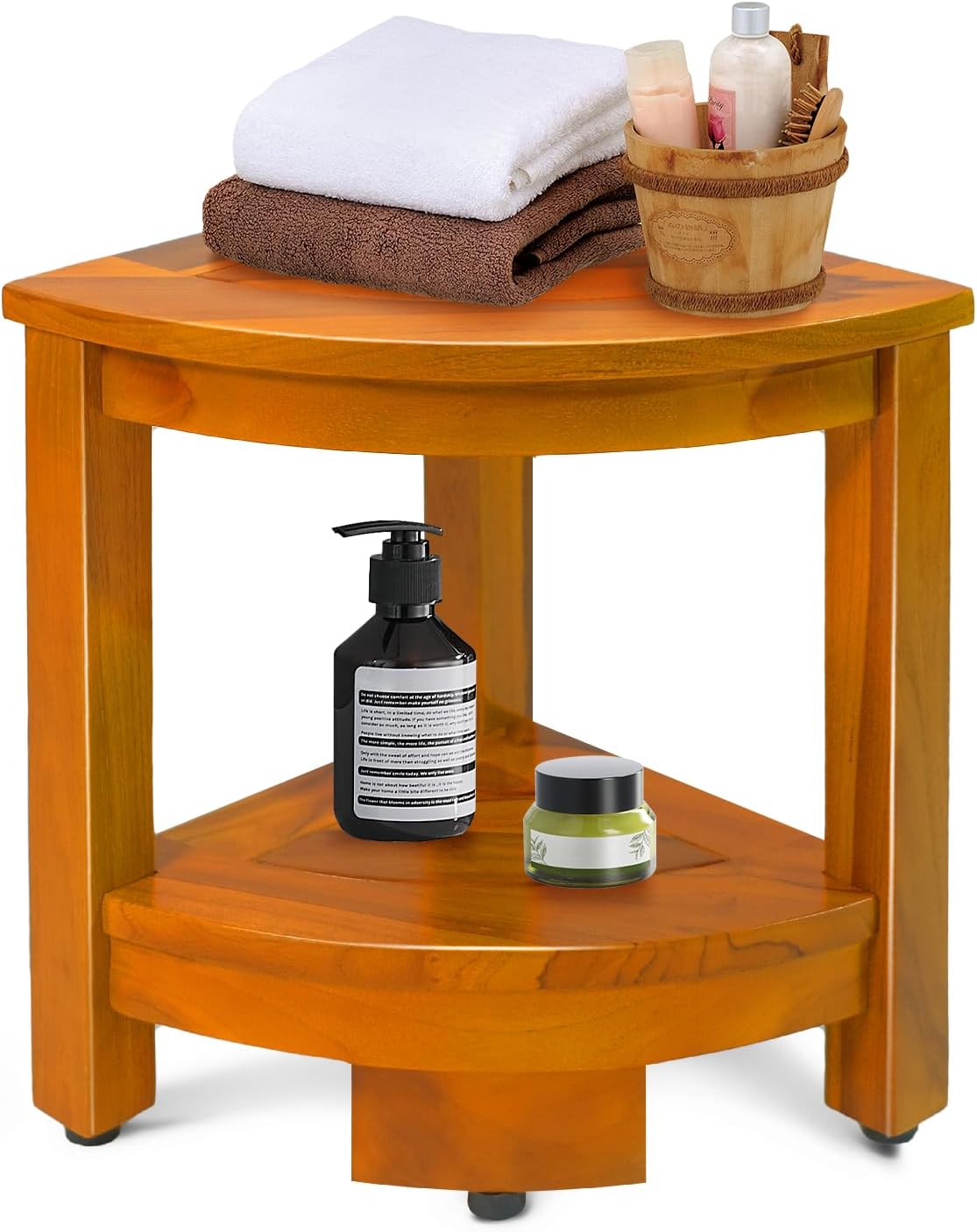 16.5" Teak Corner Shower Bench with Storage Shelf for Shaving Legs, Teak Shower Stool for Inside Shower, Waterproof Shower Foot Rest, Shower Seat for Bathroom, Indoor & Outdoor Use