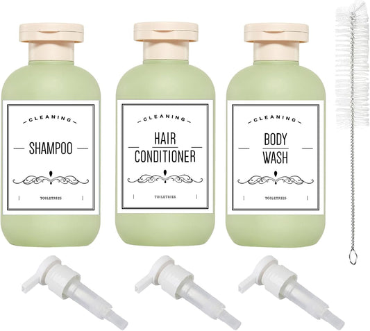 Qeuly Squeeze Bottles with Pump Dispenser and Flip Cap, 6.8 oz Refillable Travel Containers for Toiletries, Plastic Travel Shampoo and Conditioner Bottles (Green 200)