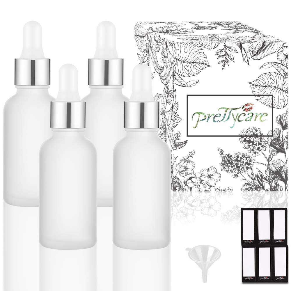 PrettyCare 4 Pack 1oz Dropper Bottle for Essential Oils, 30 ml Frosted Clear Glass Leak Proof Essential Oils Bottles with Labels, Funnels- Empty Tincture Bottles for Personal Care & Beauty