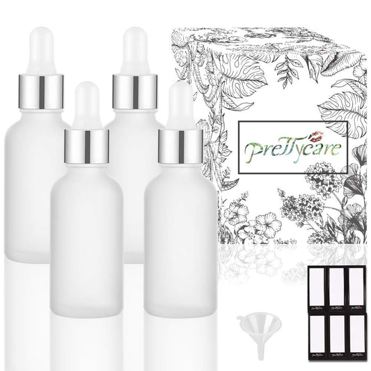 PrettyCare 4 Pack 1oz Dropper Bottle for Essential Oils, 30 ml Frosted Clear Glass Leak Proof Essential Oils Bottles with Labels, Funnels- Empty Tincture Bottles for Personal Care & Beauty