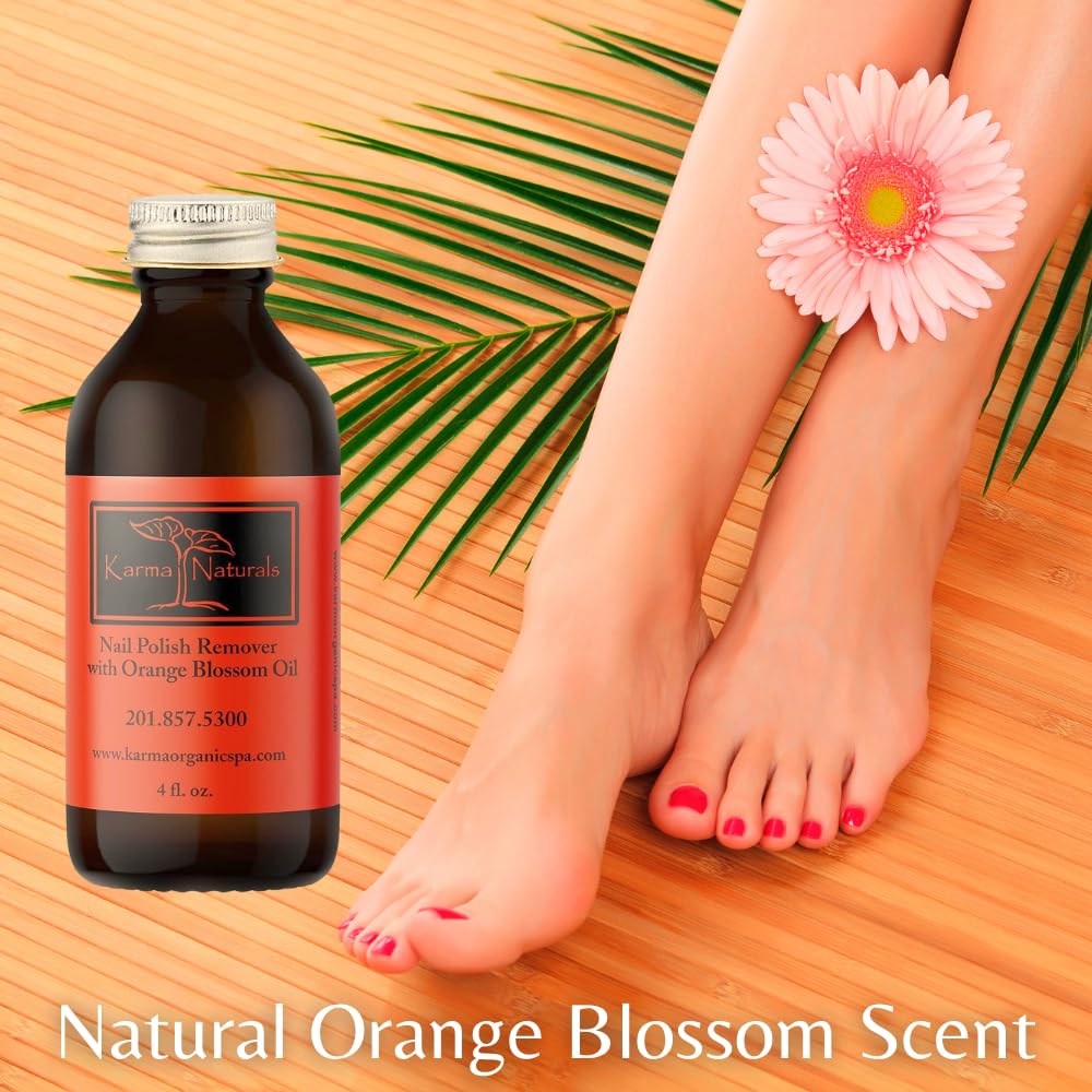 Karma Organic Nail Polish Remover with Soybean Oil and Orange Blossom Oil- Non Toxic, Vegan, Cruelty Free, Acetone Free – Nails Strengthener for Fingernails – 4 fl. Oz