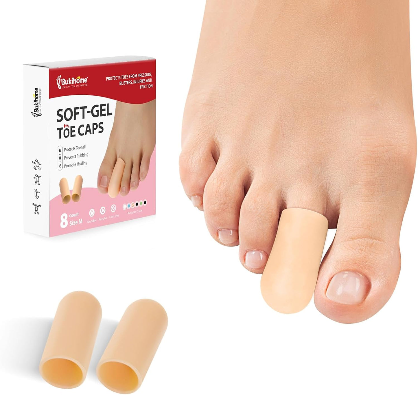 Bukihome 8 Pcs Gel Toe Cap, Toe Protector for Women Men - Cushions and Protects to Cover Toes, Relief Toe Pain from Ingrown Toenails, Corns, Blisters, Hammer Toes (Medium Size)