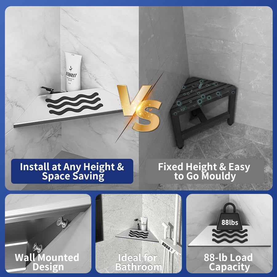 10'' Corner Foot Rest for Shaving Legs, Wall Mounted Foot Ledge for Bathroom Inside Shower, 304 Stainless Steel Footrest with Shaving Holder (Brushed)