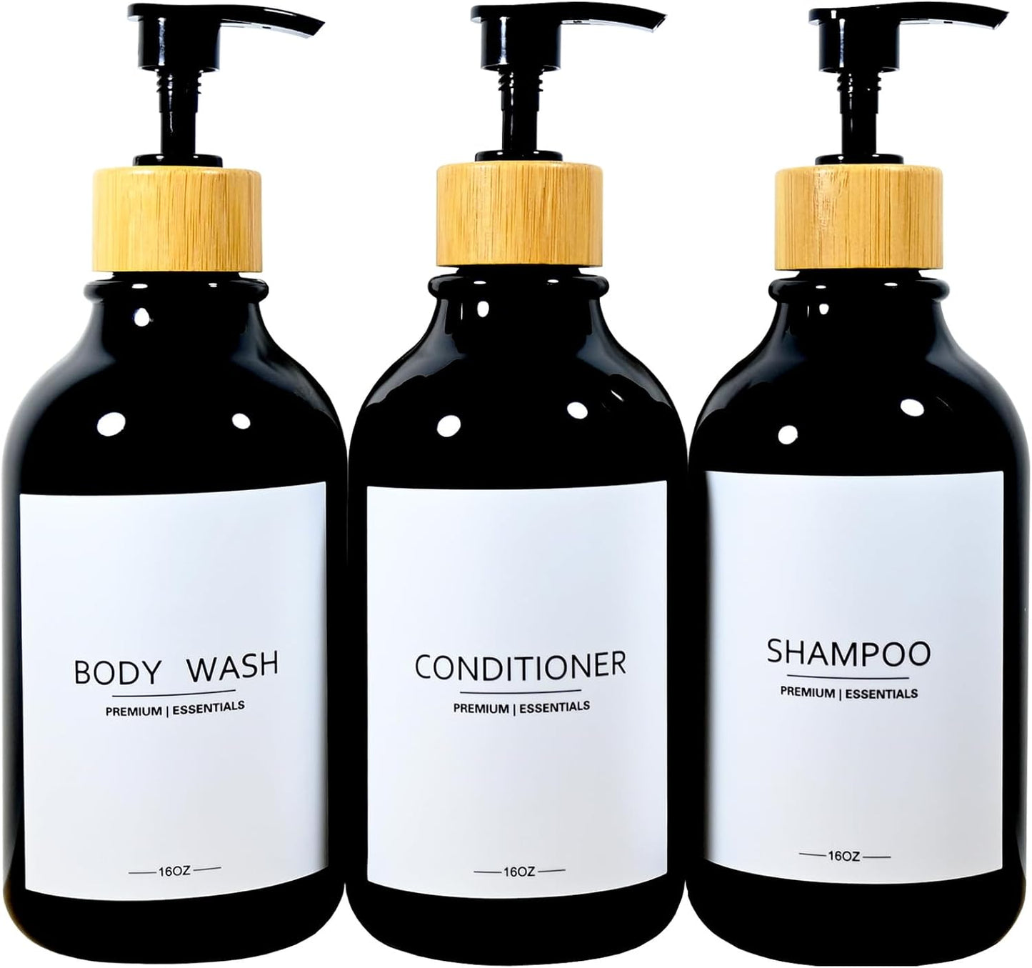 Shower Shampoo and Conditioner Bottles, Apothecary Dispenser Bamboo Pump, Refillable Bottles for Lotion Oil Hand Soap and Dish Soap, Plastic Set (3 Bottles 9 Labels) (3, Black)