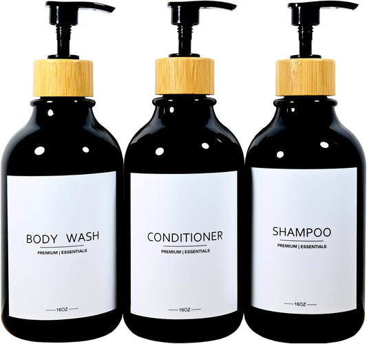 Shower Shampoo and Conditioner Bottles, Apothecary Dispenser Bamboo Pump, Refillable Bottles for Lotion Oil Hand Soap and Dish Soap, Plastic Set (3 Bottles 9 Labels) (3, Black)