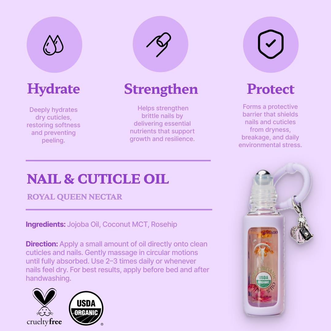 Gourmand Royal Queen Nectar Organic Nail Cuticle Oil Pen with Jojoba, Coconut MCT, and Rosehip for Nail Hydration, Growth & Strength, Travel Size Keychain(0.34 Fl Oz)