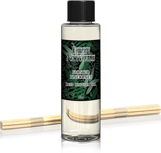 Urban Naturals Frosted Pinecones Holiday Oil Reed Diffuser Refill with Free Set of Reed Sticks – Pine, Cinnamon, Clove, Cedar Wood, Sandalwood and Vanilla Bean – Vegan, 4 oz, Made in The USA
