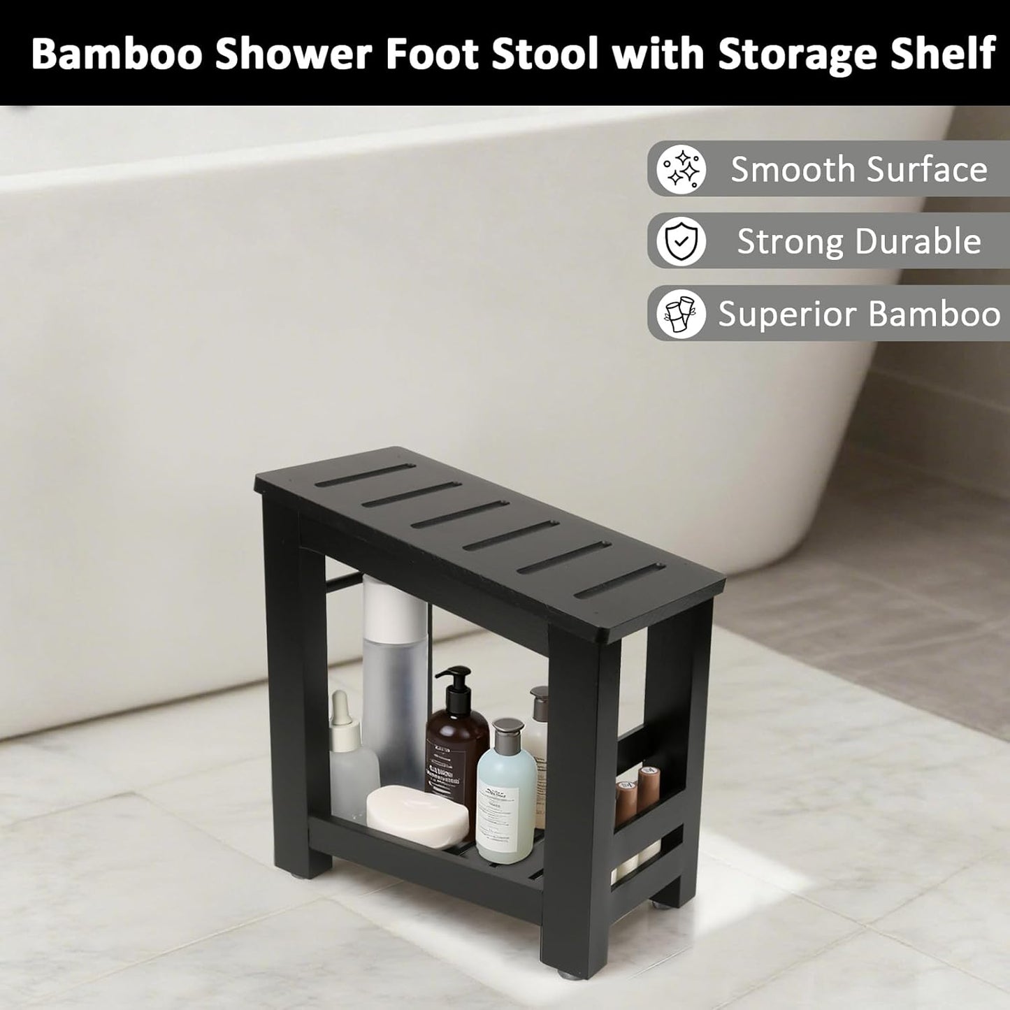 Shower Foot Rest, Small Bamboo Foot Stool with Storage Shelf, Shower Stool for Shaving Legs, No Assembly Required, Natural (Black)