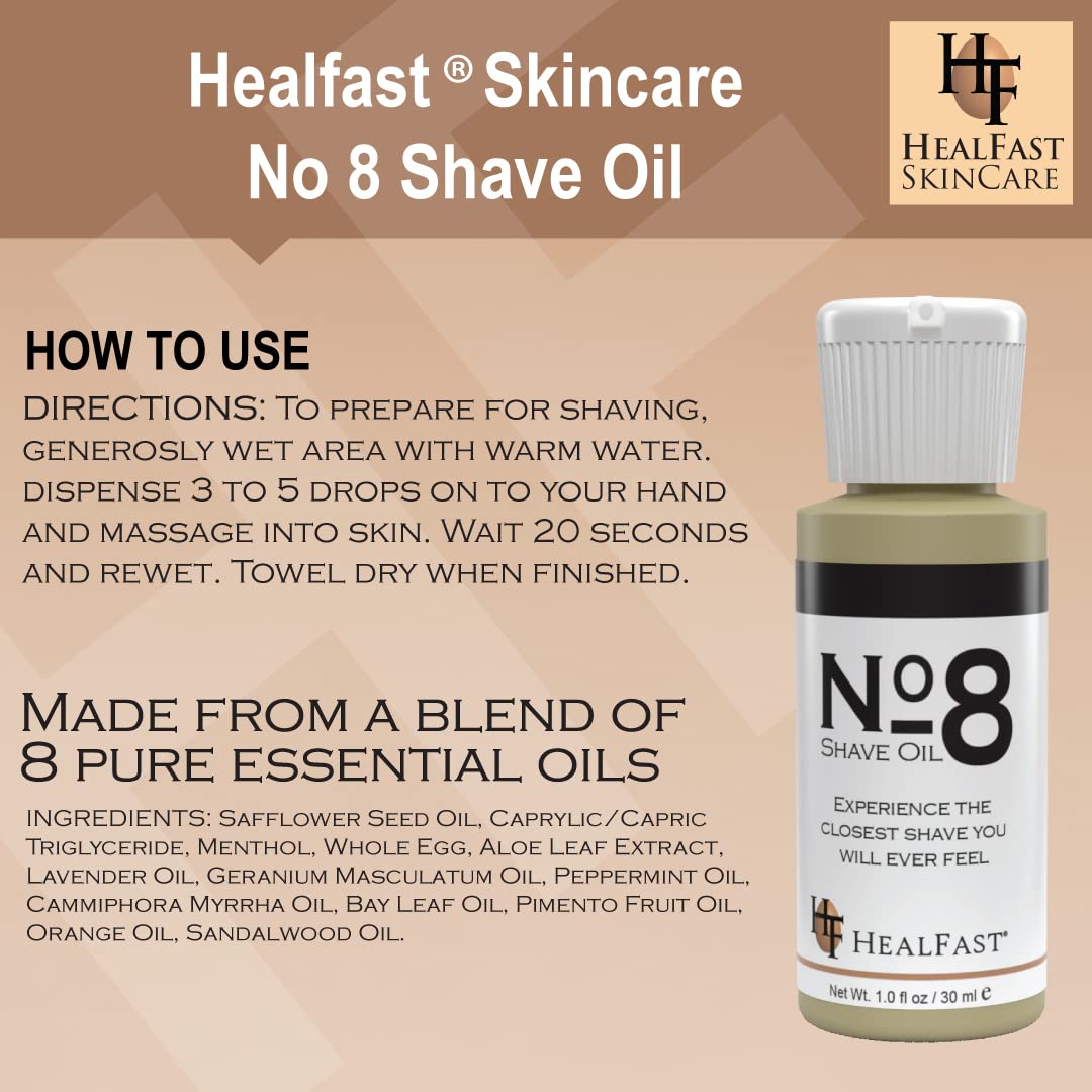 HealFast No 8 Shaving Oil 1 Oz – Premium Shave Oil for Men & Women – Blended with Pure Aromatic Essentials to Soften Hair & Cleanse the Pores – Prevents Razor Drag and Burn & Ingrowns
