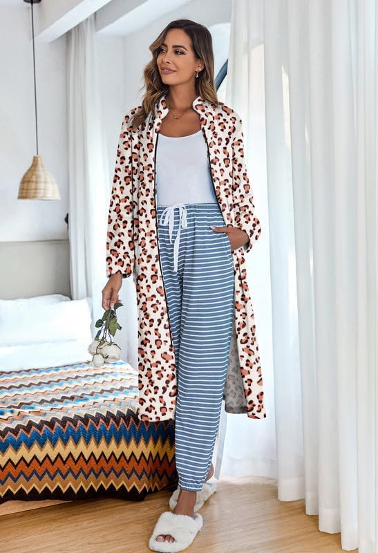 Ekouaer Women's Zip Up Robe Fleece Bathrobe Long Zipper Lounger Warm Housecoat Long Sleeve Nightgown with Pockets S-XXL