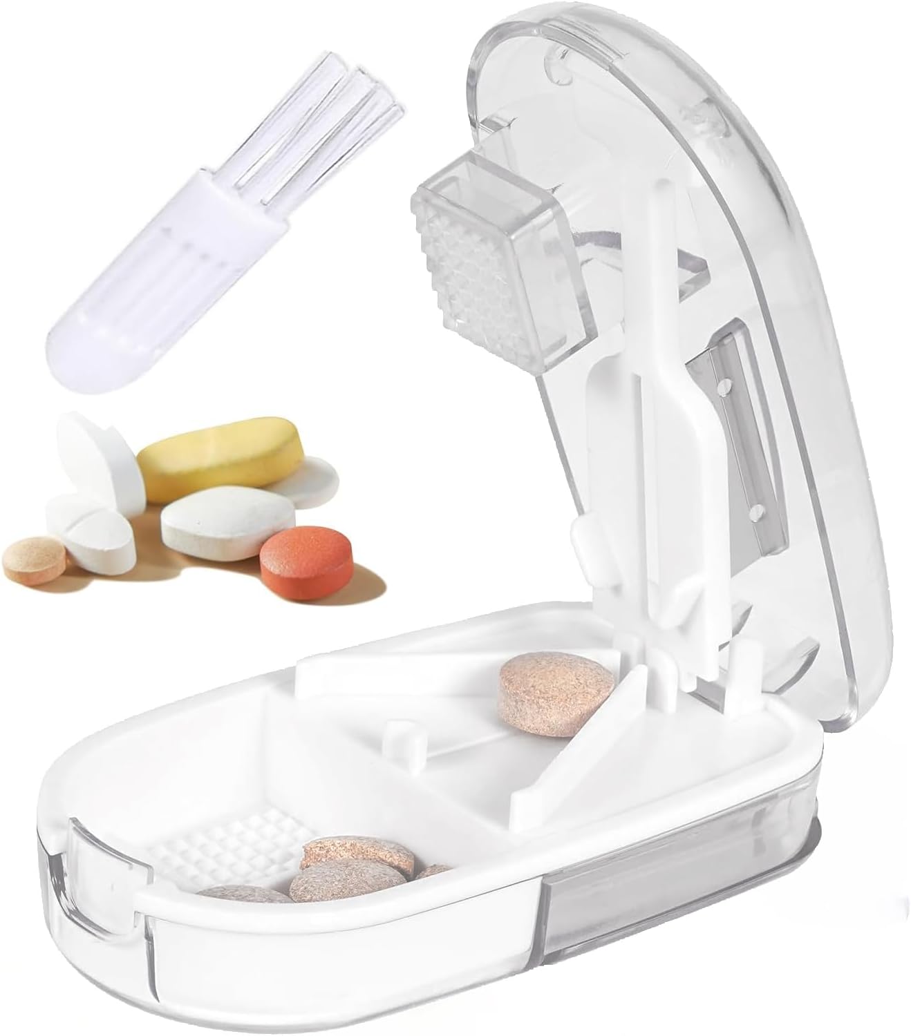 Clear Pill Cutter & Crusher – Precision Tablet Splitter with Safety Blade Guard, Pill Storage and Built-in Cleaning Brush – for Small and Large Pills, Travel Ready (Transparent White)
