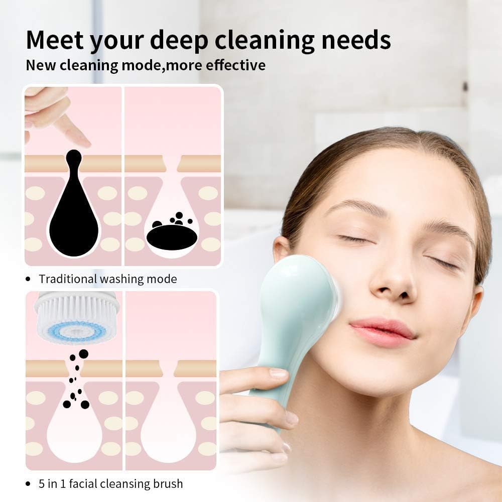 Facial Cleansing Brush Head Replacement, Facial Cleansing Brush Head, Exfoliator Facial Brush Heads, for Acne Prone, Clogged and Enlarged Pores Sensitive Skins (4Pack/Blue+Green)