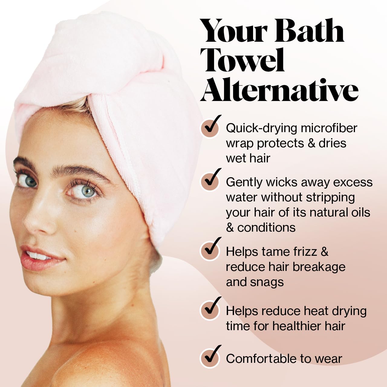Kitsch Microfiber Hair Towel Wrap for Women - Super Absorbent Hair Drying Towel - Quick Dry, Anti-Frizz - for Long & Short, Wet & Curly Hair - Blush