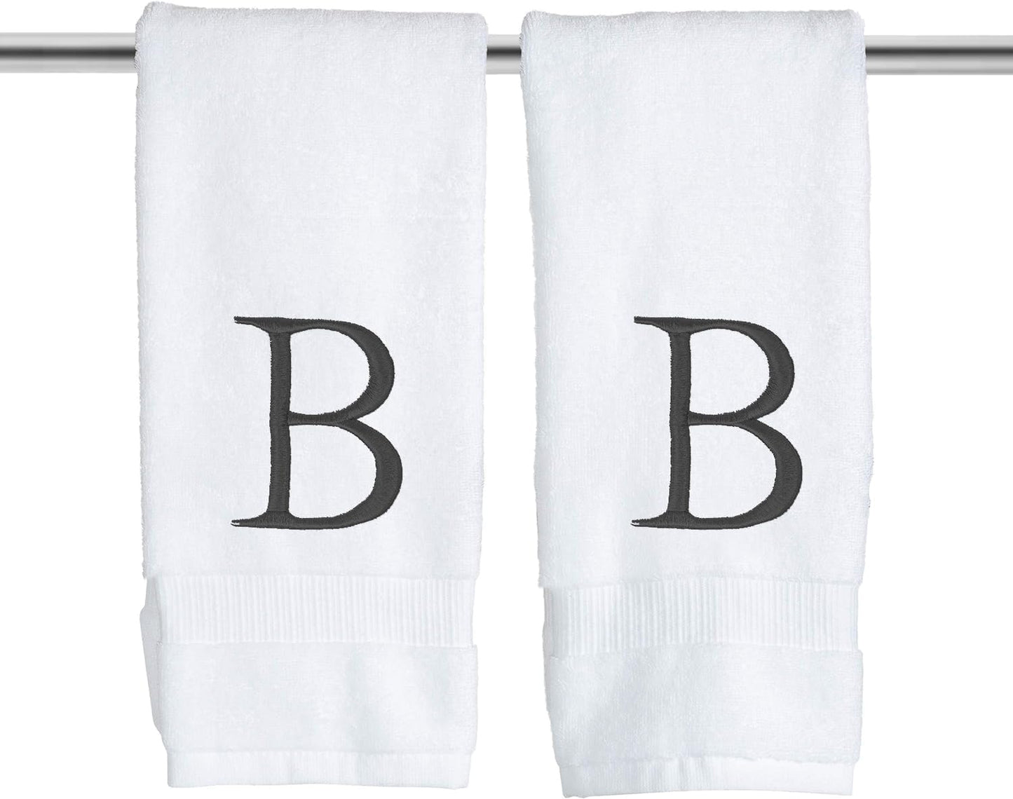 Dark Gray and White Bathroom Hand Towel - Monogrammed Luxury Hotel Quality Decorative Embroidered Towel for Powder Room, Spa - GOTS Organic Certified - Pack of 2, Letter B