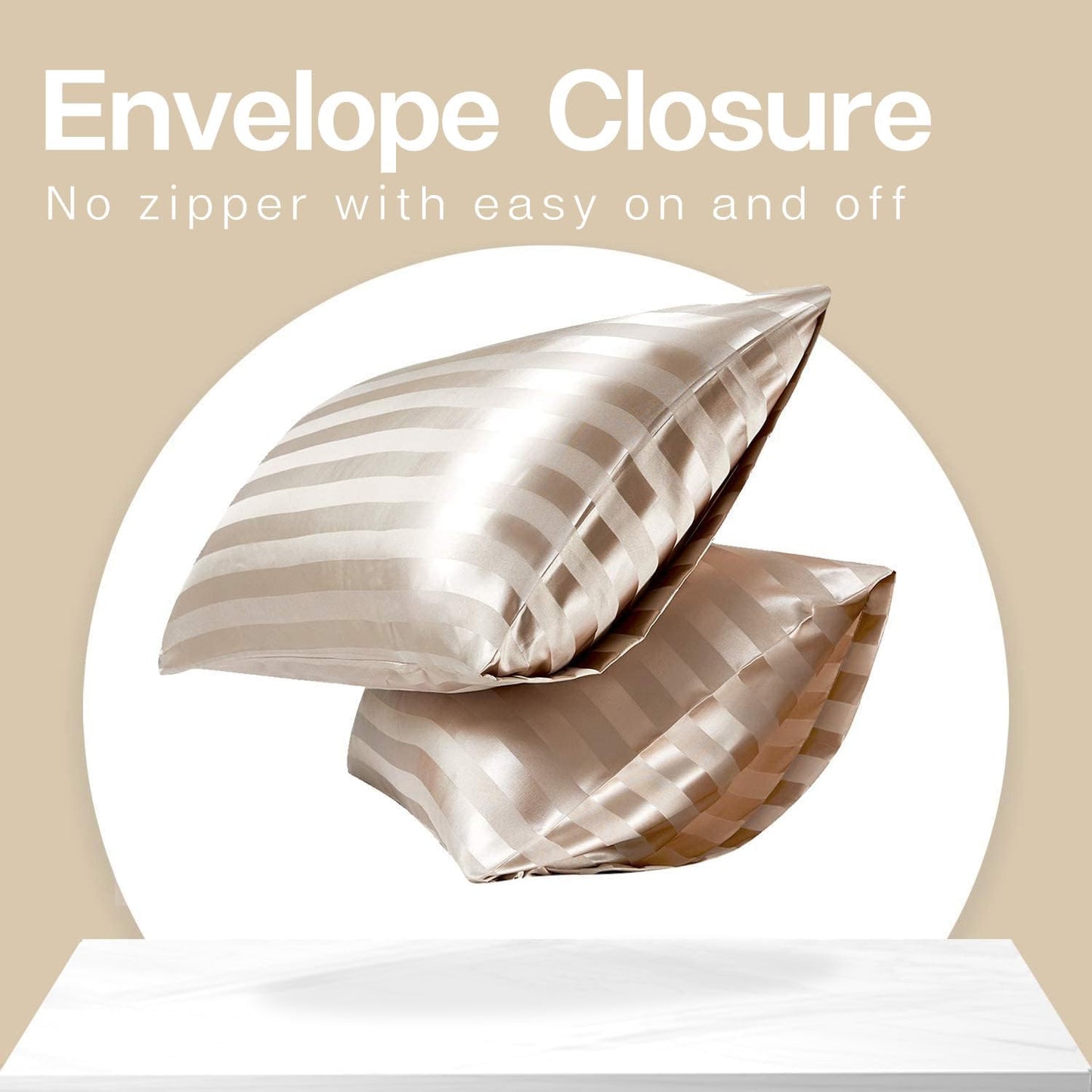 MR&HM Satin Pillowcase for Hair and Skin, Silk Satin Pillowcase 2 Pack, Queen Size Pillow Cases Set of 2, Silky Pillow Cover with Envelope Closure (20x30, Champagne Striped)