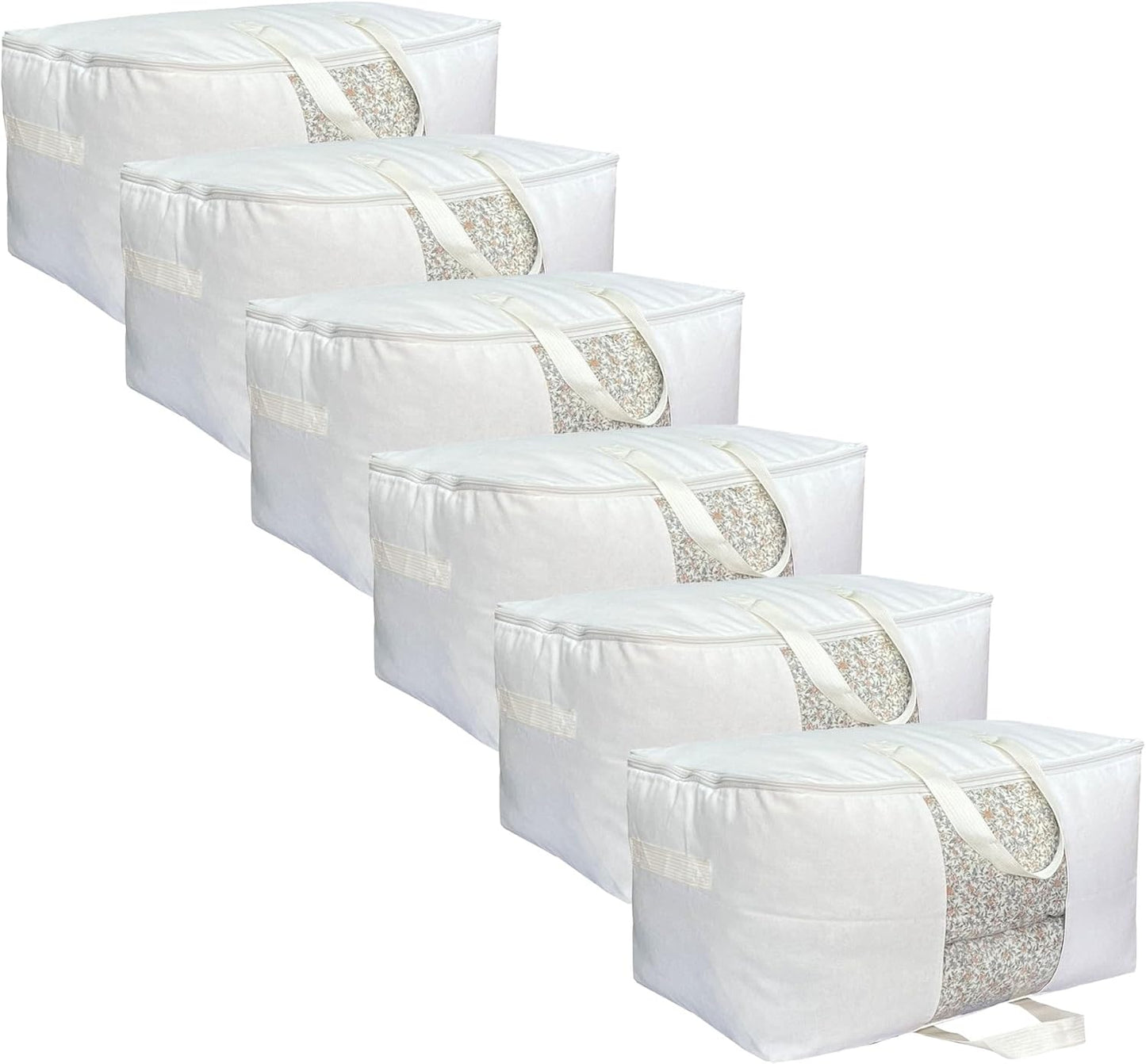 Soft Canvas Clothes Storage Bags with Four Carrying Handles and Clear Window, Closet Organizer for Clothing, Blankets Sheets Pillows and Bedding, 55L, 6 Pack, White