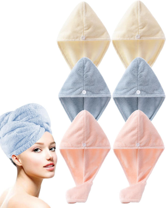 Luxury Microfiber Hair Towel Gift Set 6 Pack - Spa Quality Anti-Frizz Turbans with Button Closure, Quick Dry for Long/Curly Hair, Premium Bath Accessories for Women