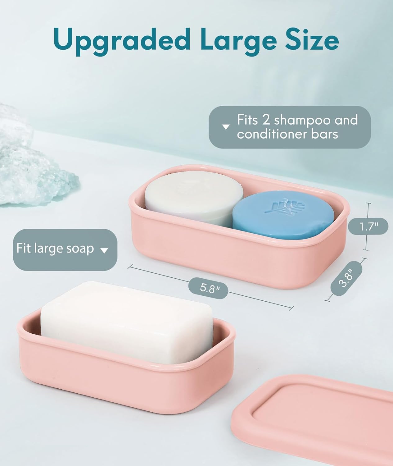 Quatish Solid Shampoo Bar Holder, Large Leakproof Travel Soap Case, Silicone Soap Box with Draining Layer, Enhanced Soap Container, Suitable for Camping, Gym, Bathroom, Outdoor Essentials, Pink