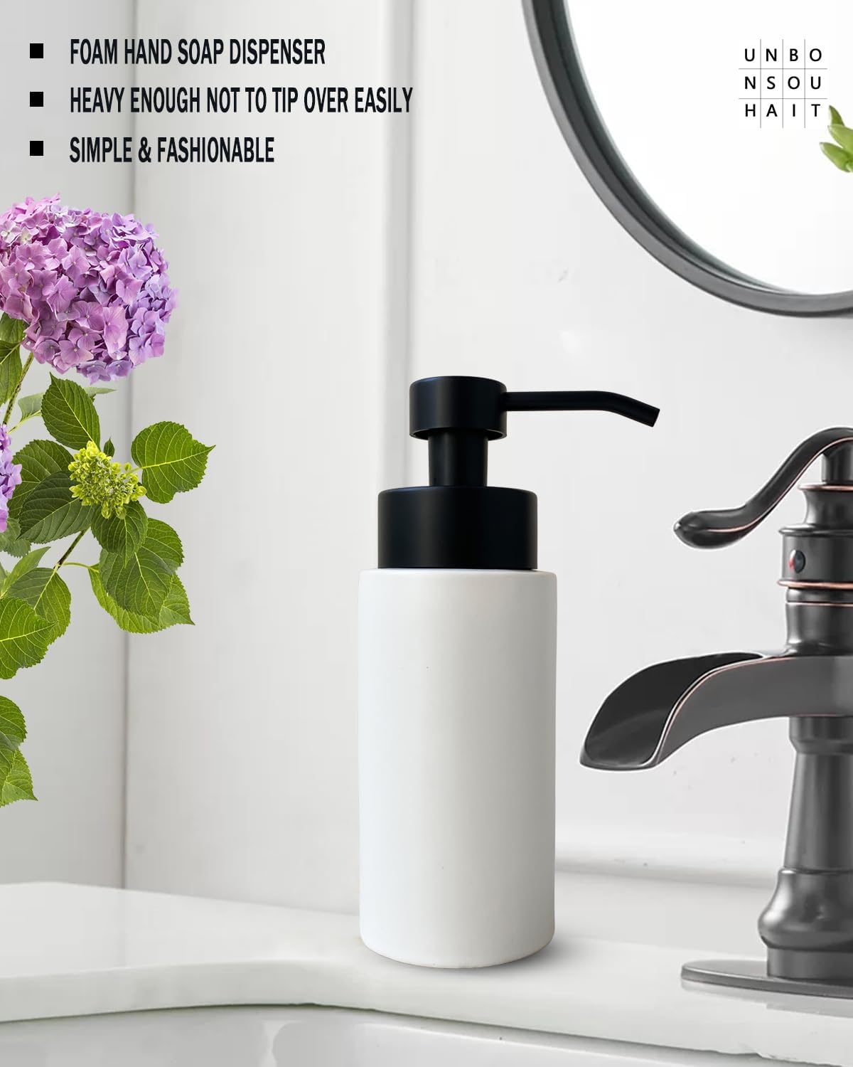 9.5 Oz Foaming Soap Dispenser for Bathroom,Kitchen Foam Soap Dispenser,Refillable Modern Foam Pump Bottle,Black Ceramic Foaming Hand Pump Dispenser (White)