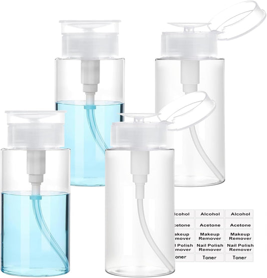 Push Down Pump Dispenser, 3.4oz Clear Pump Bottles with Alcohol, Acetone, Nail Polish Remover, Makeup Remover, Toner Stickers Empty Push Top Container for Liquid (100ml-4Pack)
